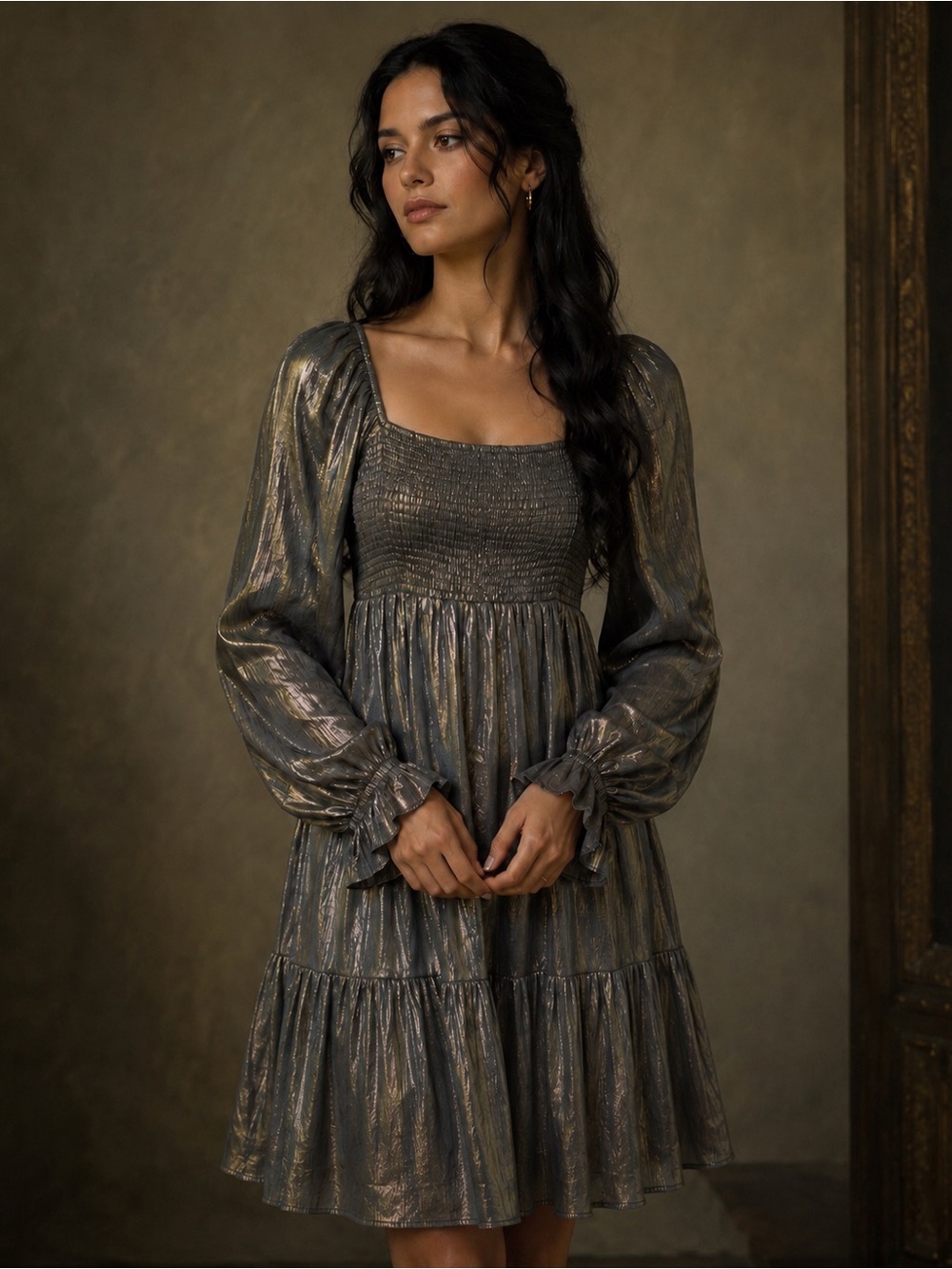 Berry N Cream Smocked Square Neck Long Sleeve Metallic Dress - Bronze Whimsigoth